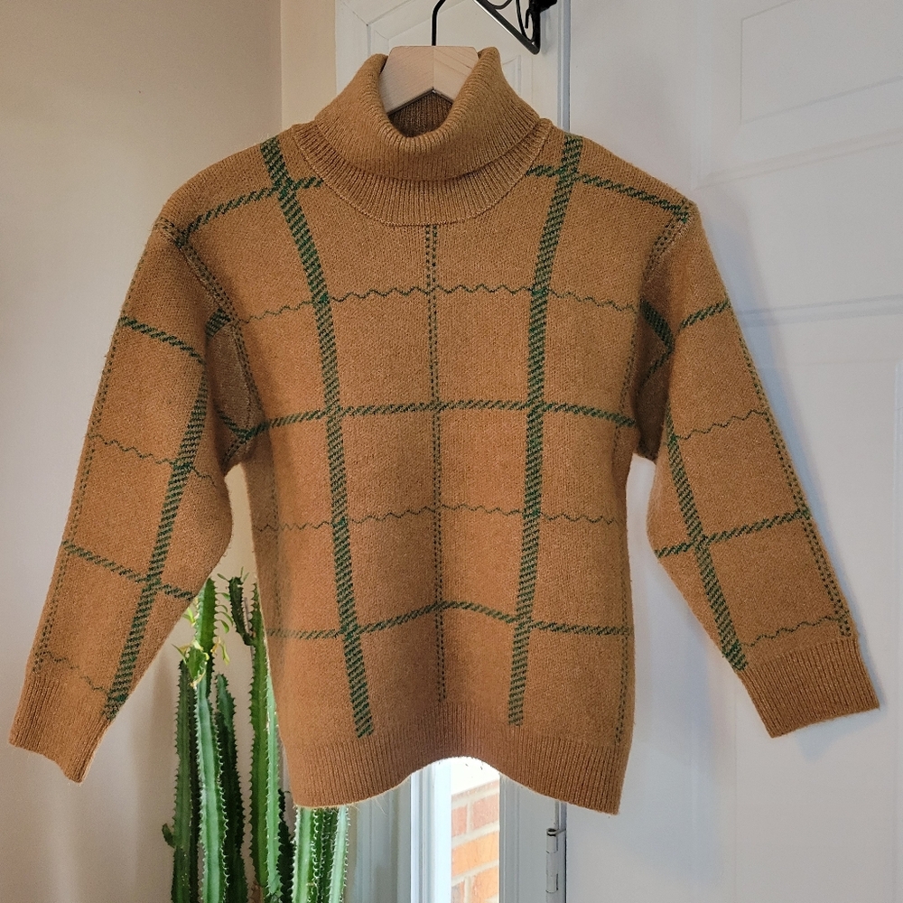 Baltic Born Camel Turtleneck Sweater with Green Windowpane
